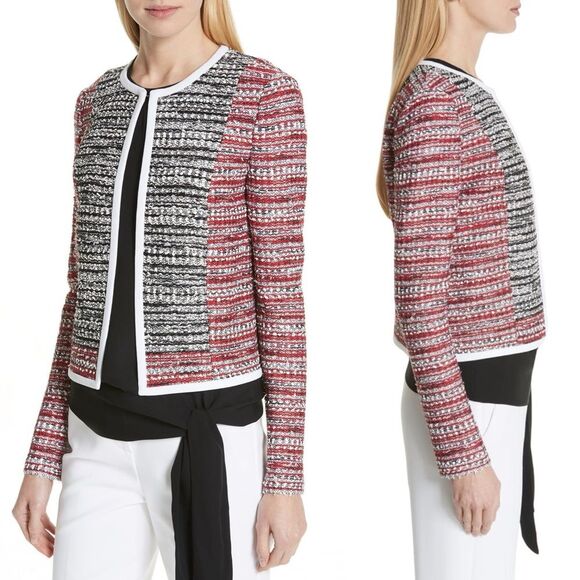 St. John Collection Amelia Knit Tweed Jacket Blazer Crimson Caviar $1595 Size 14 - Picture 1 of 16